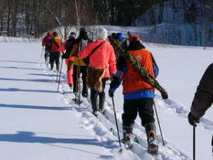 山スキーをはいてシカの越冬地に向かいます